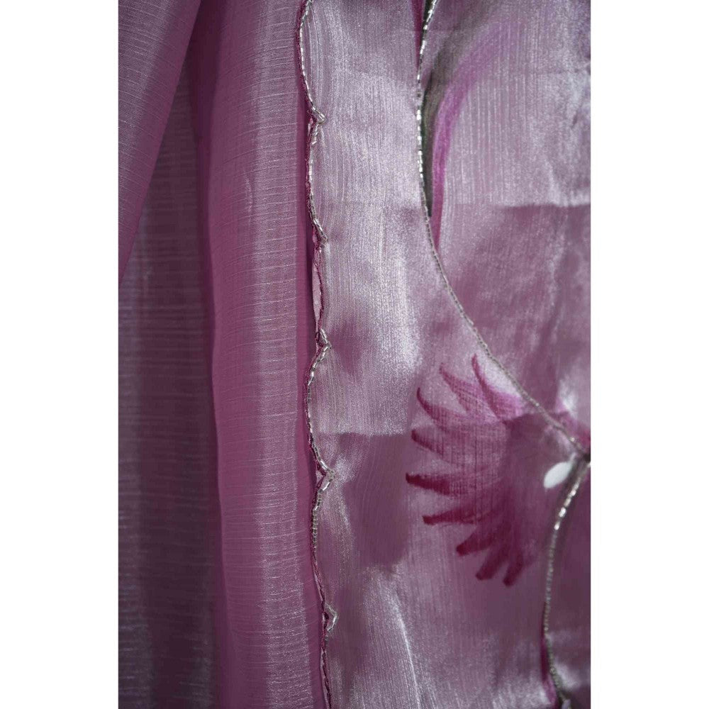 Isadora Life Womens Floral Printed Lavender Pre-Draped Saree with Unstitched Blouse