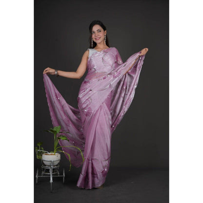 Isadora Life Womens Floral Printed Lavender Pre-Draped Saree with Unstitched Blouse