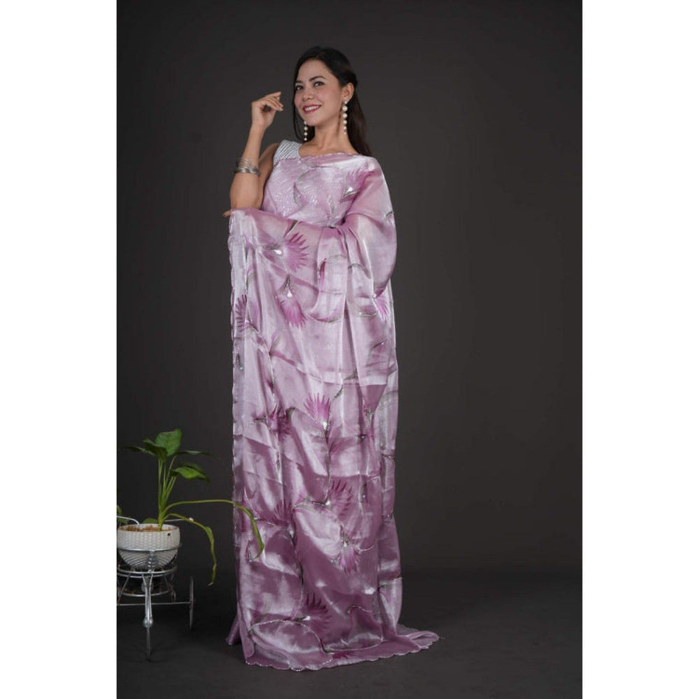 Isadora Life Womens Floral Printed Lavender Pre-Draped Saree with Unstitched Blouse
