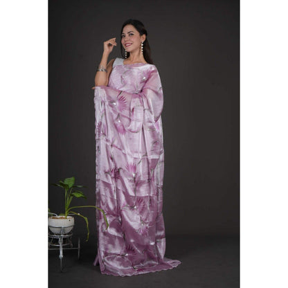 Isadora Life Womens Floral Printed Lavender Pre-Draped Saree with Unstitched Blouse