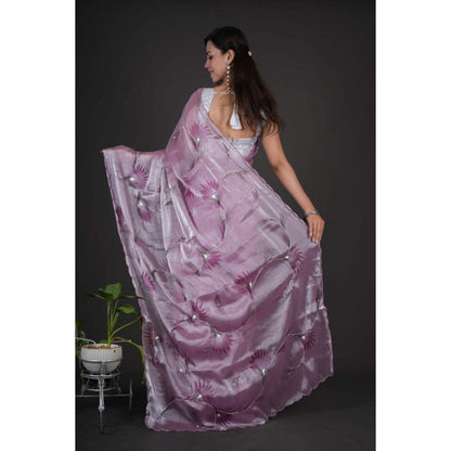 Isadora Life Womens Floral Printed Lavender Pre-Draped Saree with Unstitched Blouse