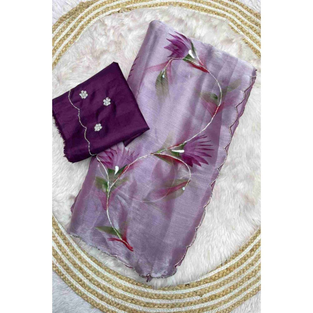 Isadora Life Womens Floral Printed Lavender Pre-Draped Saree with Unstitched Blouse