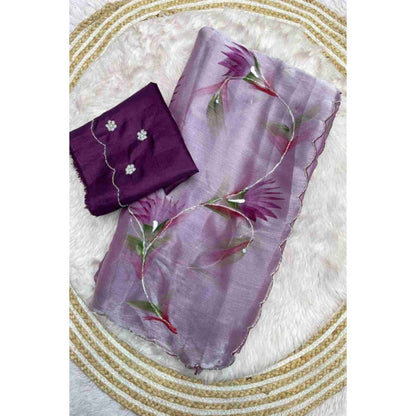 Isadora Life Womens Floral Printed Lavender Pre-Draped Saree with Unstitched Blouse