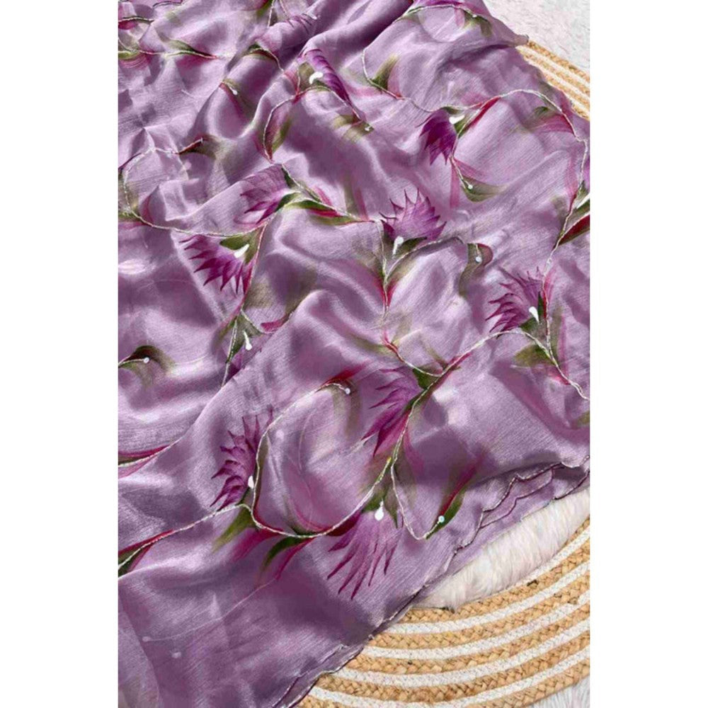 Isadora Life Womens Floral Printed Lavender Pre-Draped Saree with Unstitched Blouse