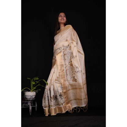 Isadora Life Womens Embroidered Tassels Beige Pre-Draped Saree with Unstitched Blouse