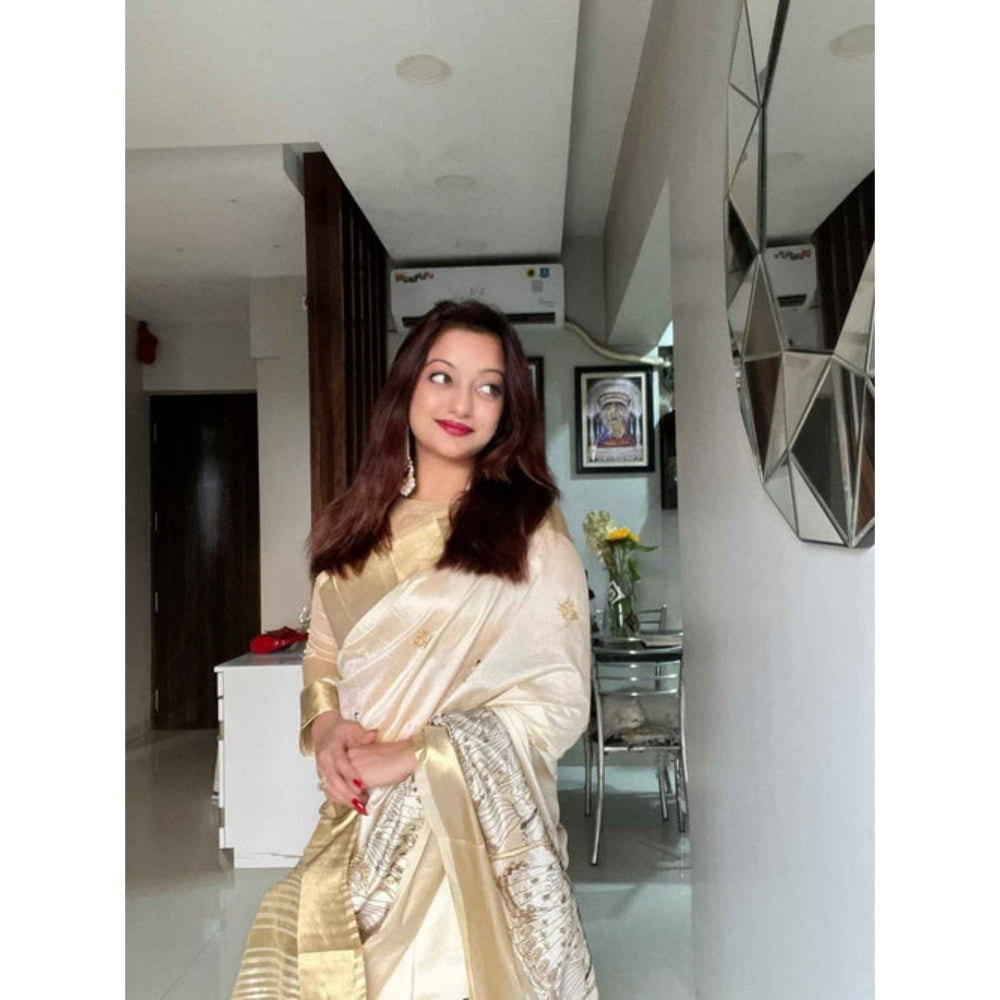 Isadora Life Womens Embroidered Tassels Beige Pre-Draped Saree with Unstitched Blouse