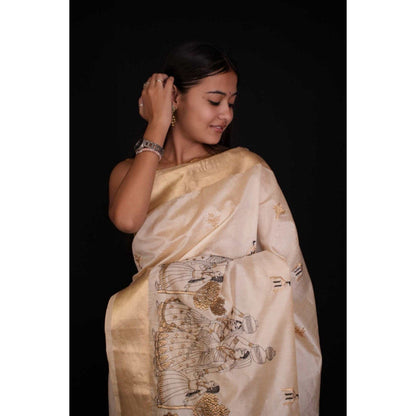 Isadora Life Womens Embroidered Tassels Beige Pre-Draped Saree with Unstitched Blouse