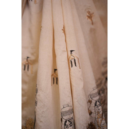 Isadora Life Womens Embroidered Tassels Beige Pre-Draped Saree with Unstitched Blouse