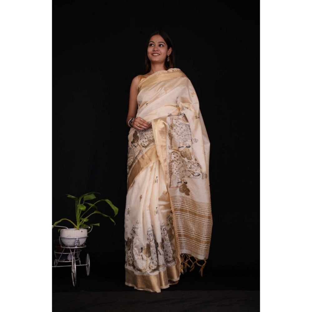 Isadora Life Womens Embroidered Tassels Beige Pre-Draped Saree with Unstitched Blouse