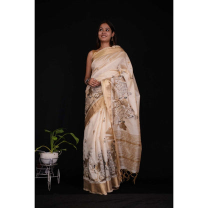 Isadora Life Womens Embroidered Tassels Beige Pre-Draped Saree with Unstitched Blouse