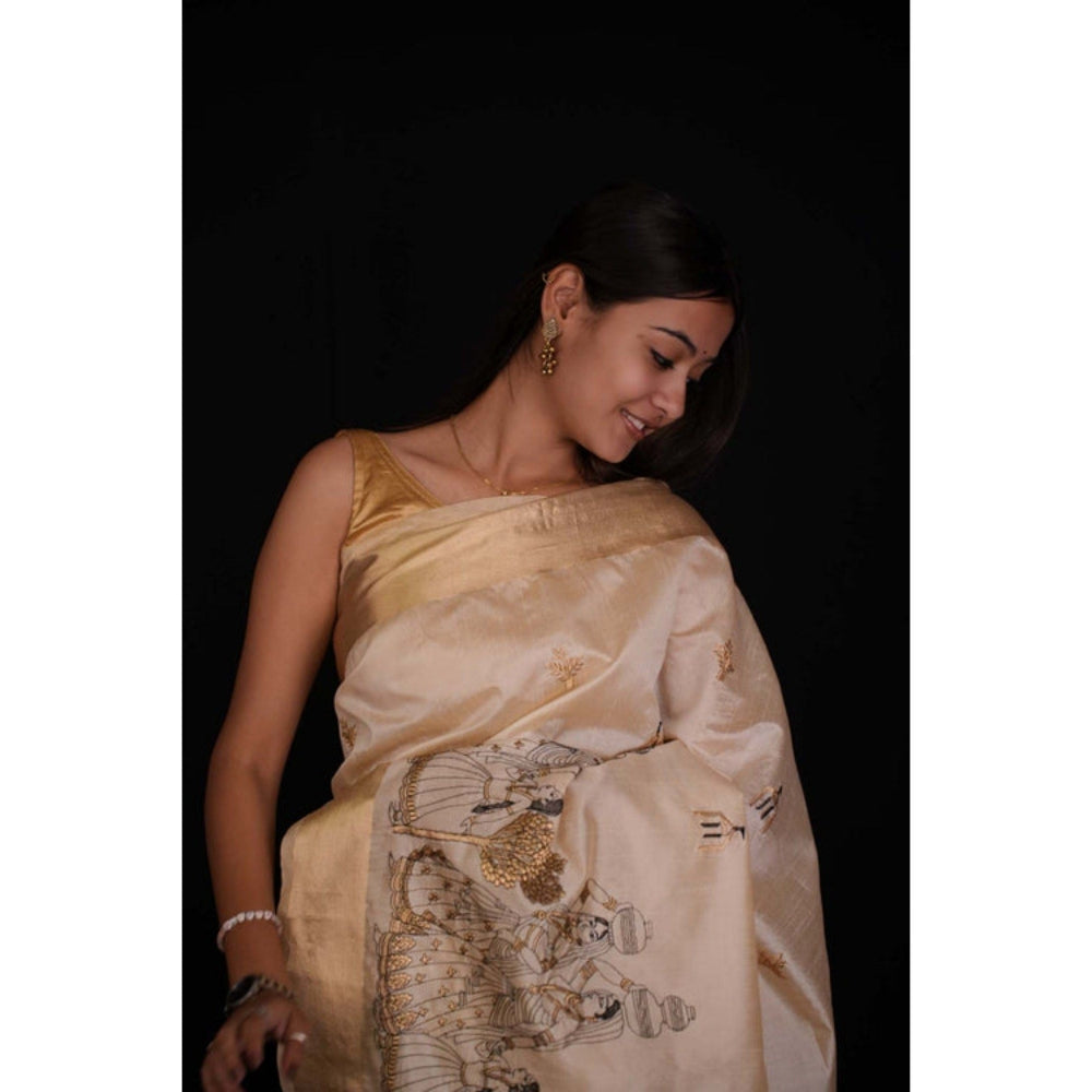 Isadora Life Womens Embroidered Tassels Beige Pre-Draped Saree with Unstitched Blouse