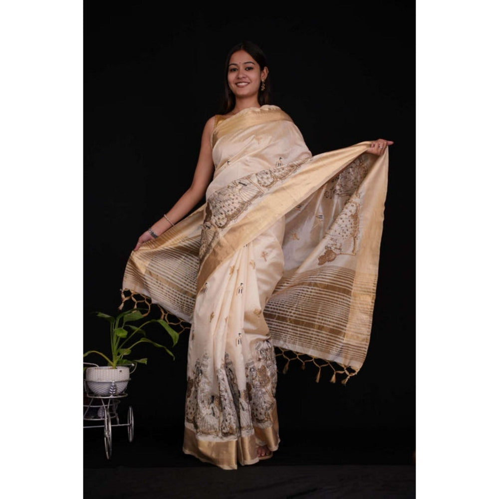 Isadora Life Womens Embroidered Tassels Beige Pre-Draped Saree with Unstitched Blouse