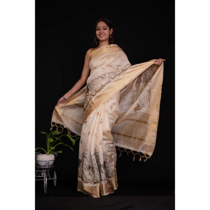Isadora Life Womens Embroidered Tassels Beige Pre-Draped Saree with Unstitched Blouse