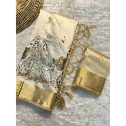 Isadora Life Womens Embroidered Tassels Beige Pre-Draped Saree with Unstitched Blouse