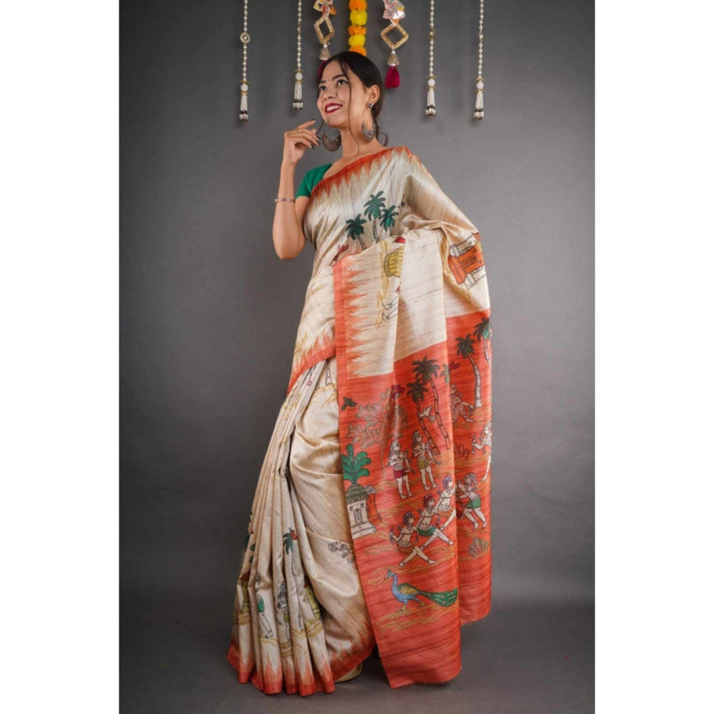 Isadora Life Womens Printed Beige Pre-Draped Saree with Unstitched Blouse
