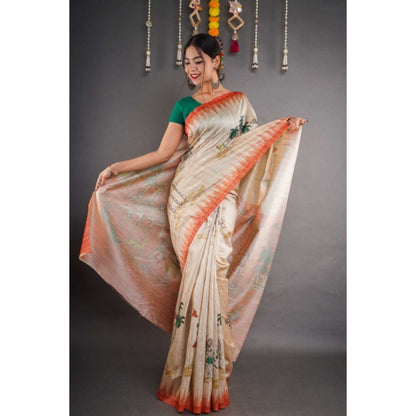 Isadora Life Womens Printed Beige Pre-Draped Saree with Unstitched Blouse