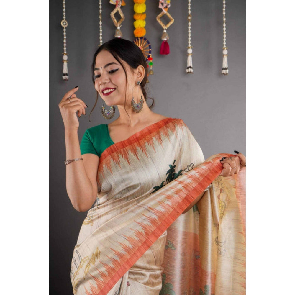 Isadora Life Womens Printed Beige Pre-Draped Saree with Unstitched Blouse