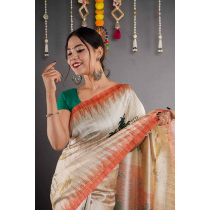 Isadora Life Womens Printed Beige Pre-Draped Saree with Unstitched Blouse
