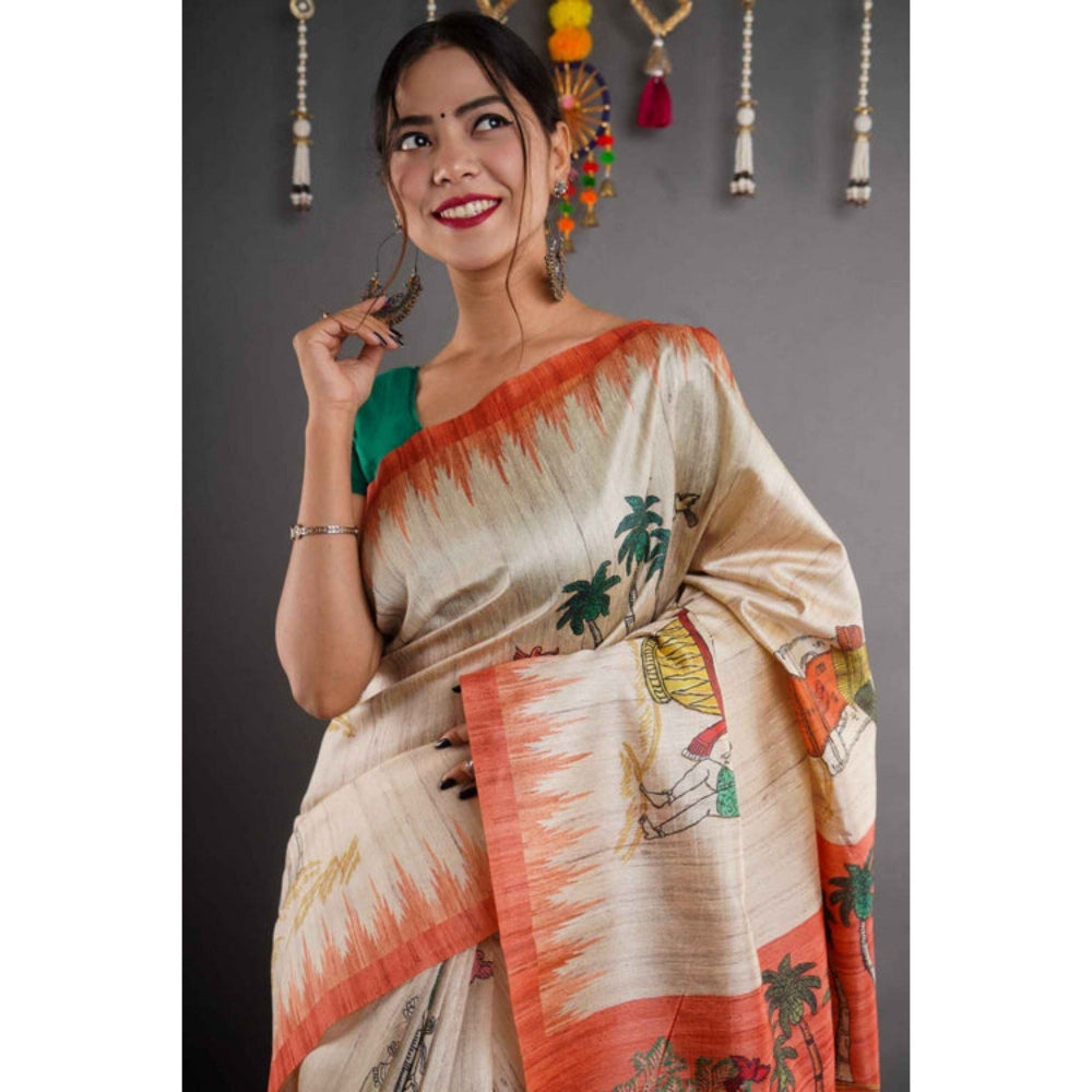 Isadora Life Womens Printed Beige Pre-Draped Saree with Unstitched Blouse