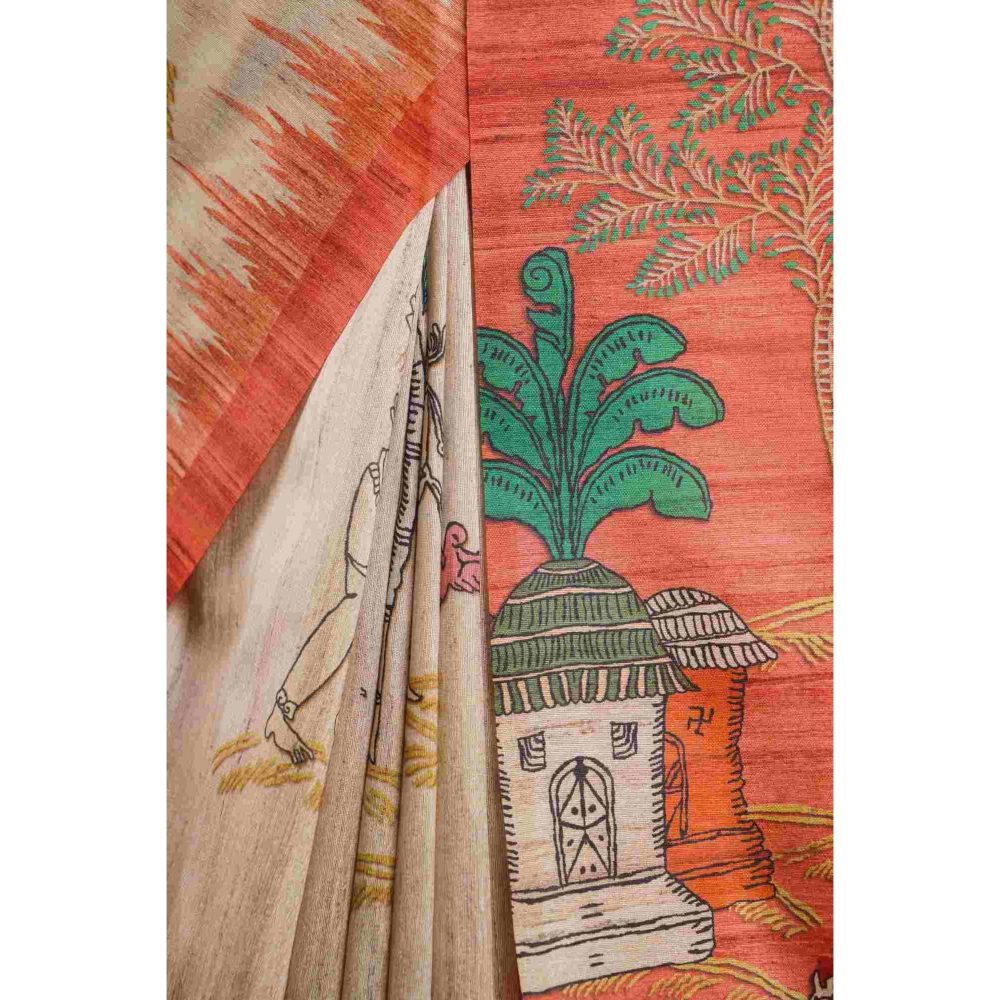 Isadora Life Womens Printed Beige Pre-Draped Saree with Unstitched Blouse
