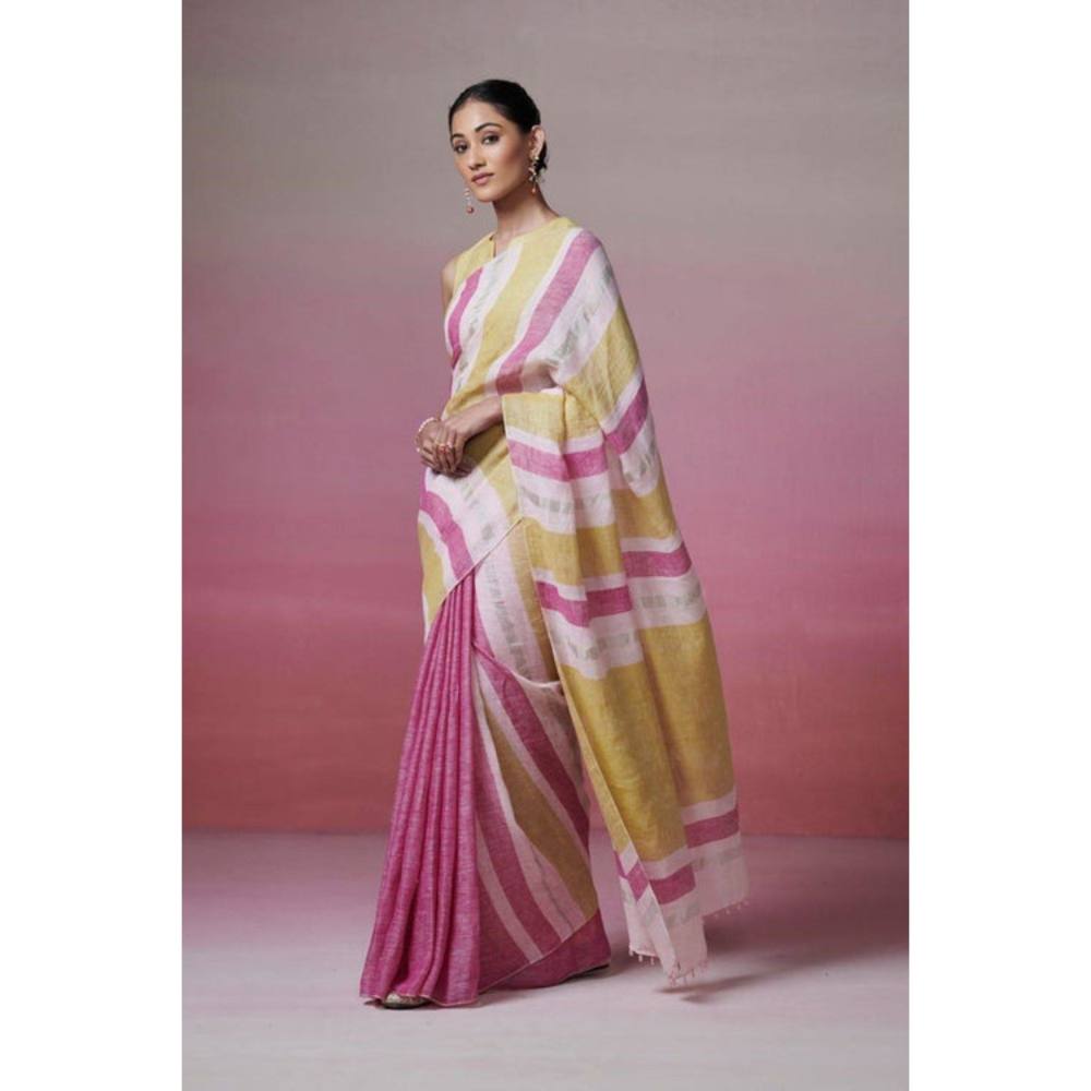Isadora Life Womens Stripes Woven Multi-Color Pre-Draped Saree with Unstitched Blouse