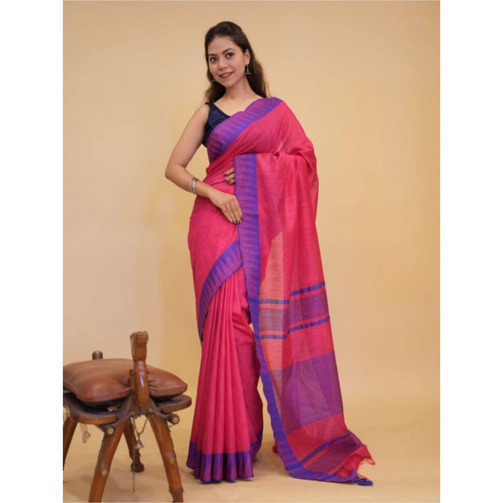 Isadora Life Womens Woven Tassels Pink Pre-Draped Saree with Unstitched Blouse