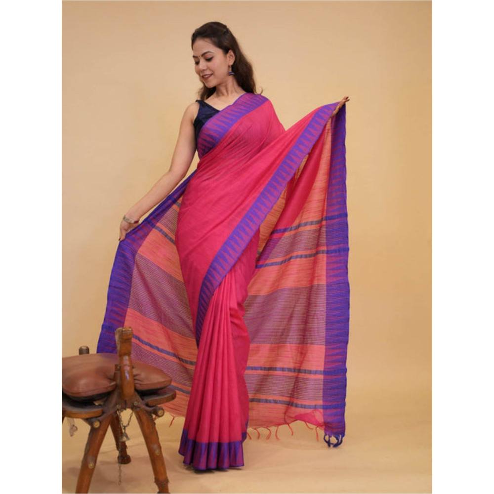 Isadora Life Womens Woven Tassels Pink Pre-Draped Saree with Unstitched Blouse