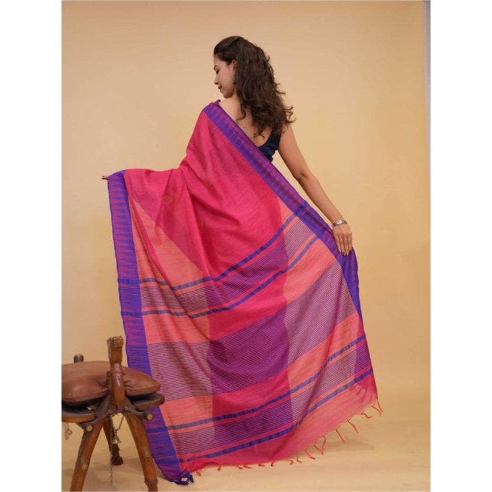 Isadora Life Womens Woven Tassels Pink Pre-Draped Saree with Unstitched Blouse
