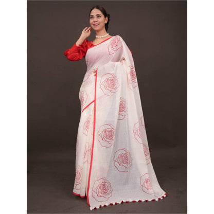 Isadora Life Womens Floral Tassels White Pre-Draped Saree with Unstitched Blouse