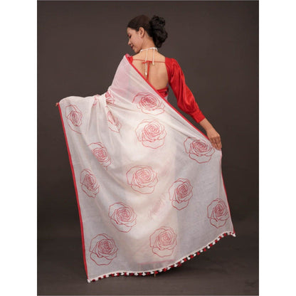 Isadora Life Womens Floral Tassels White Pre-Draped Saree with Unstitched Blouse