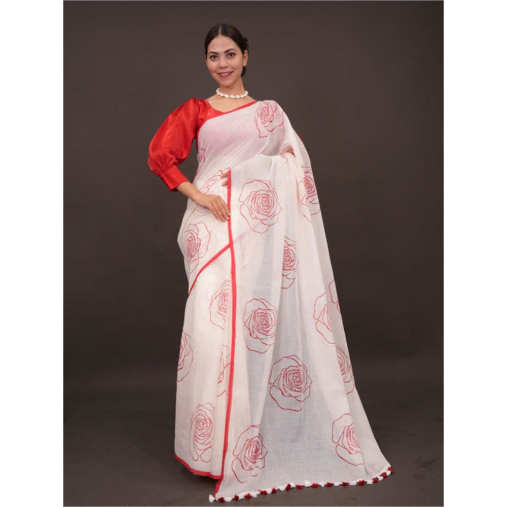 Isadora Life Womens Floral Tassels White Pre-Draped Saree with Unstitched Blouse