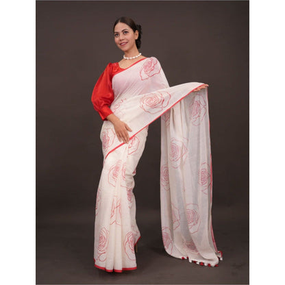 Isadora Life Womens Floral Tassels White Pre-Draped Saree with Unstitched Blouse