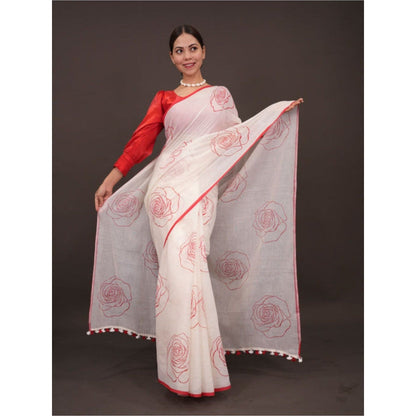 Isadora Life Womens Floral Tassels White Pre-Draped Saree with Unstitched Blouse