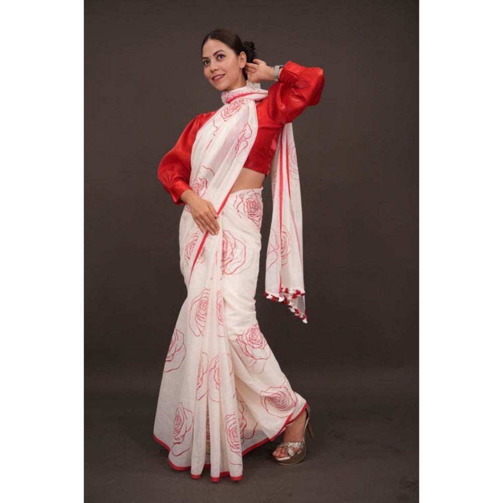 Isadora Life Womens Floral Tassels White Pre-Draped Saree with Unstitched Blouse