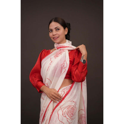 Isadora Life Womens Floral Tassels White Pre-Draped Saree with Unstitched Blouse