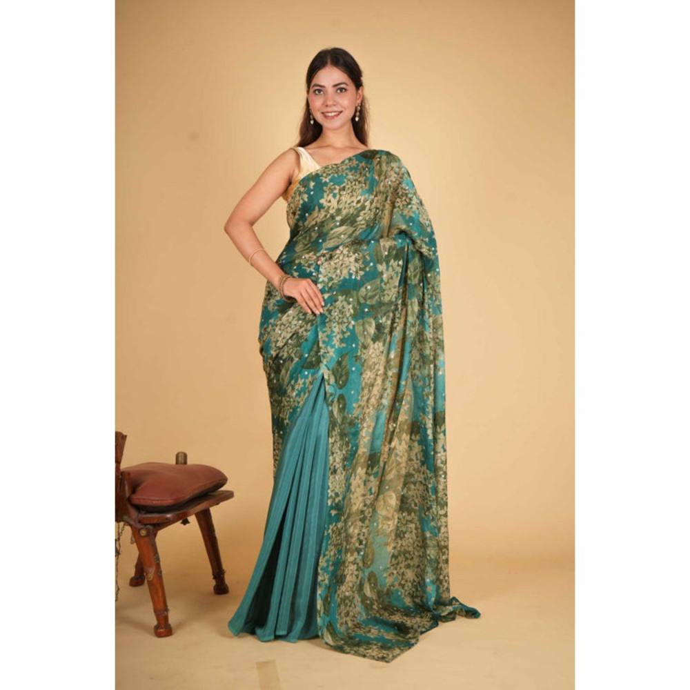 Isadora Life Womens Floral Printed Green Pre-Draped Saree with Unstitched Blouse