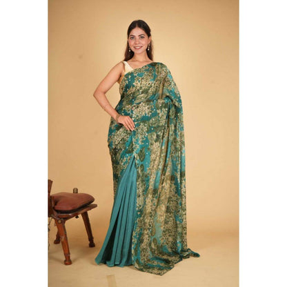 Isadora Life Womens Floral Printed Green Pre-Draped Saree with Unstitched Blouse