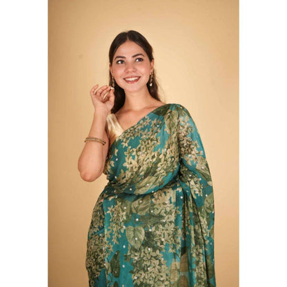 Isadora Life Womens Floral Printed Green Pre-Draped Saree with Unstitched Blouse