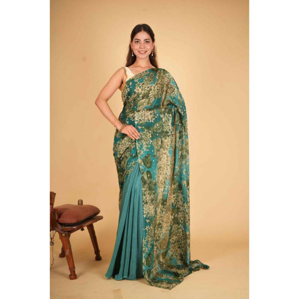 Isadora Life Womens Floral Printed Green Pre-Draped Saree with Unstitched Blouse