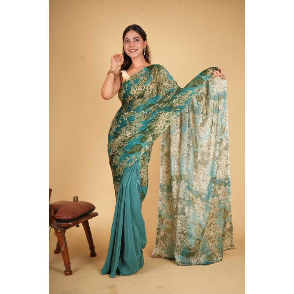Isadora Life Womens Floral Printed Green Pre-Draped Saree with Unstitched Blouse