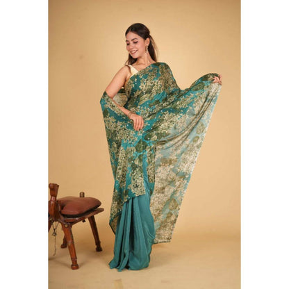 Isadora Life Womens Floral Printed Green Pre-Draped Saree with Unstitched Blouse