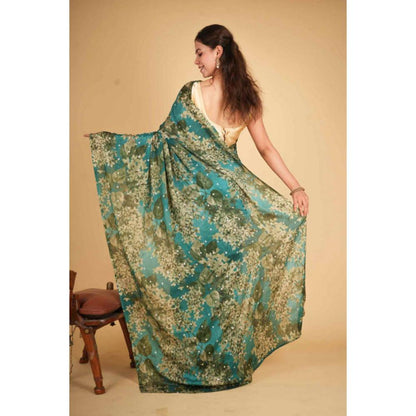 Isadora Life Womens Floral Printed Green Pre-Draped Saree with Unstitched Blouse