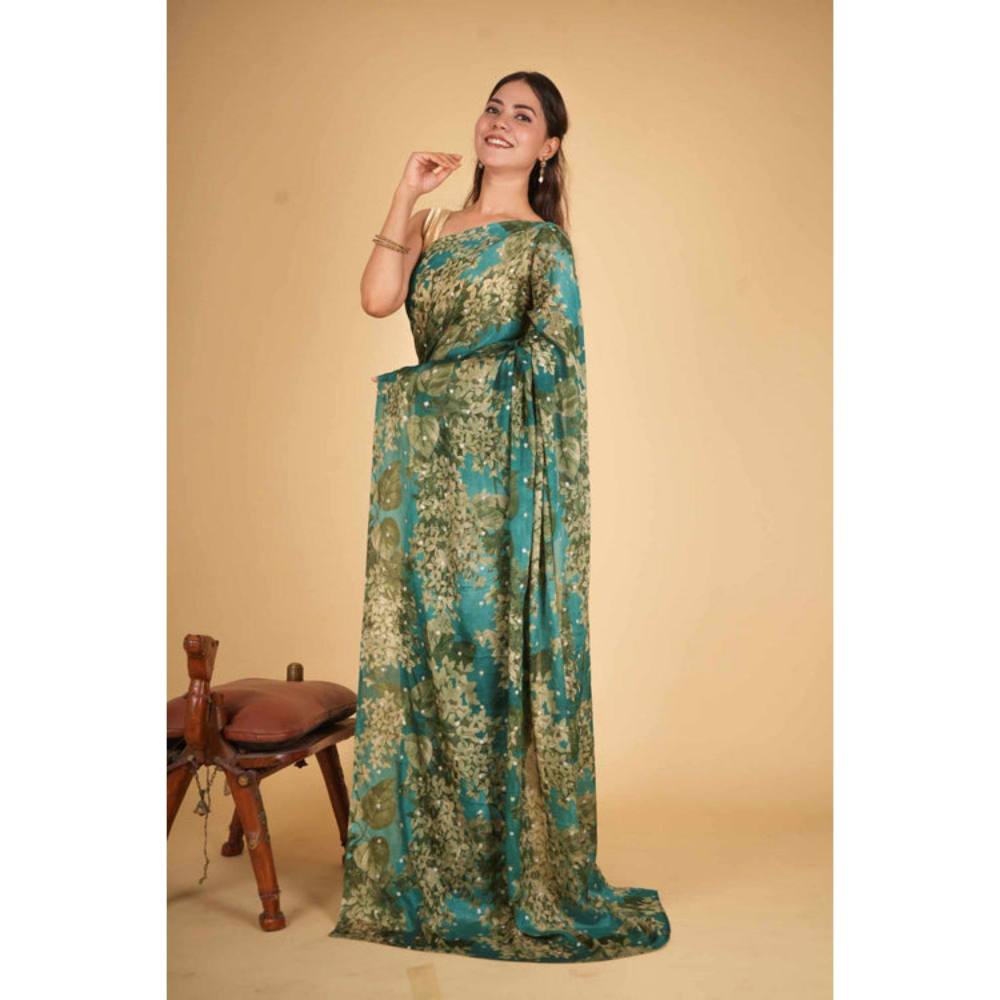 Isadora Life Womens Floral Printed Green Pre-Draped Saree with Unstitched Blouse