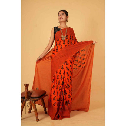 Isadora Life Womens Paisley Printed Orange Pre-Draped Saree with Unstitched Blouse