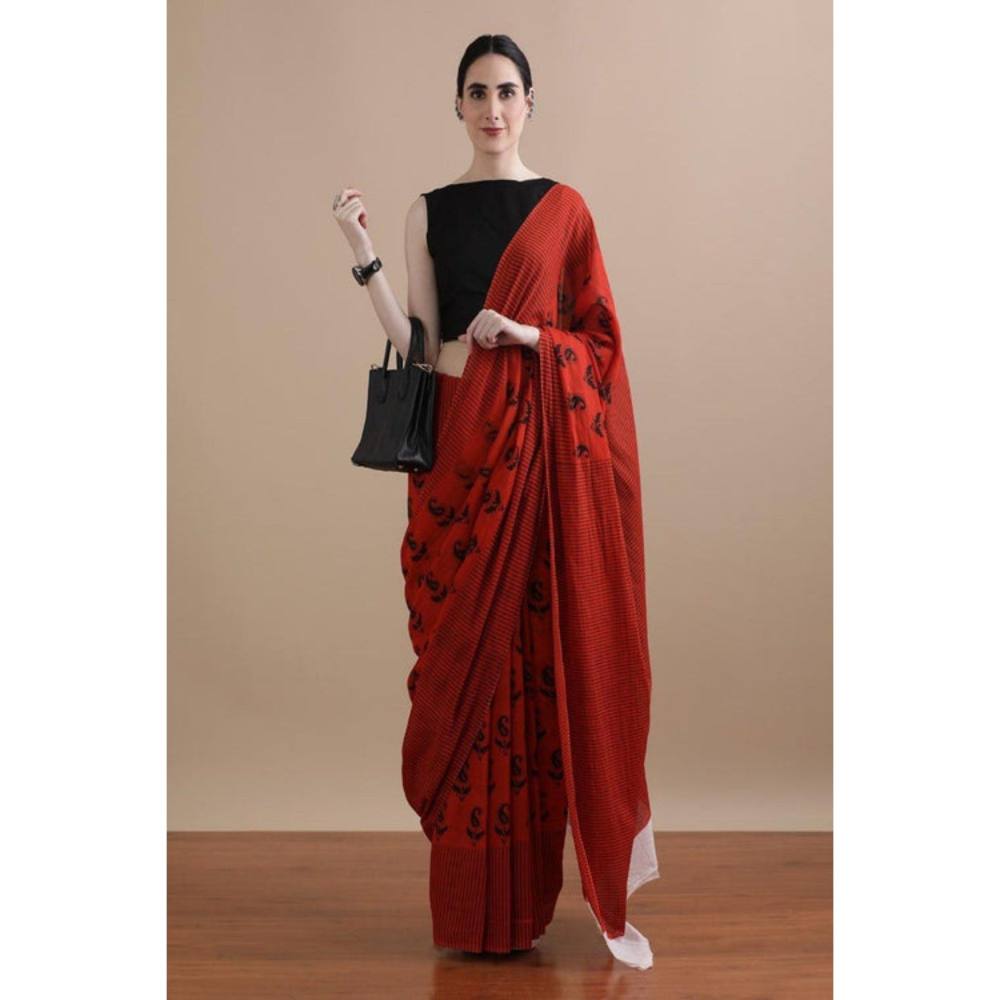 Isadora Life Womens Paisley Printed Orange Pre-Draped Saree with Unstitched Blouse