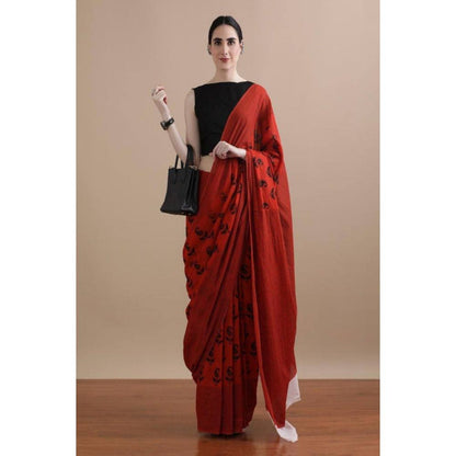 Isadora Life Womens Paisley Printed Orange Pre-Draped Saree with Unstitched Blouse