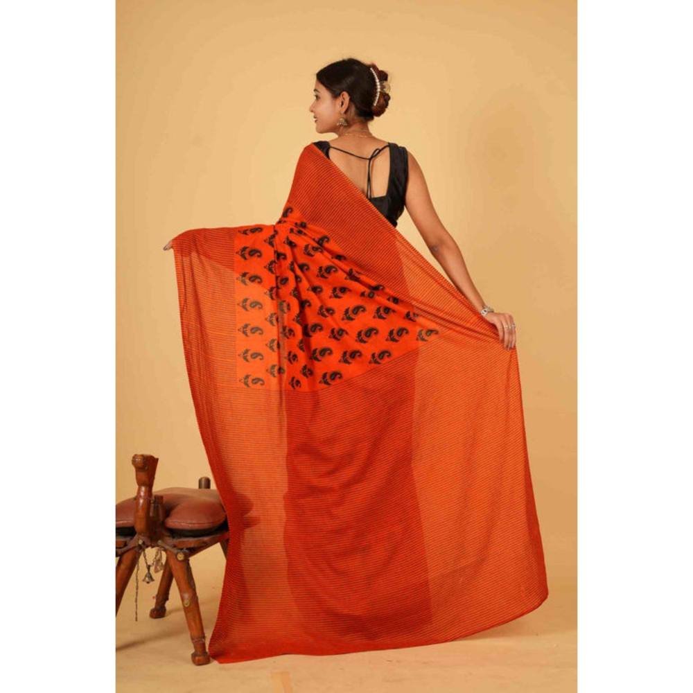 Isadora Life Womens Paisley Printed Orange Pre-Draped Saree with Unstitched Blouse