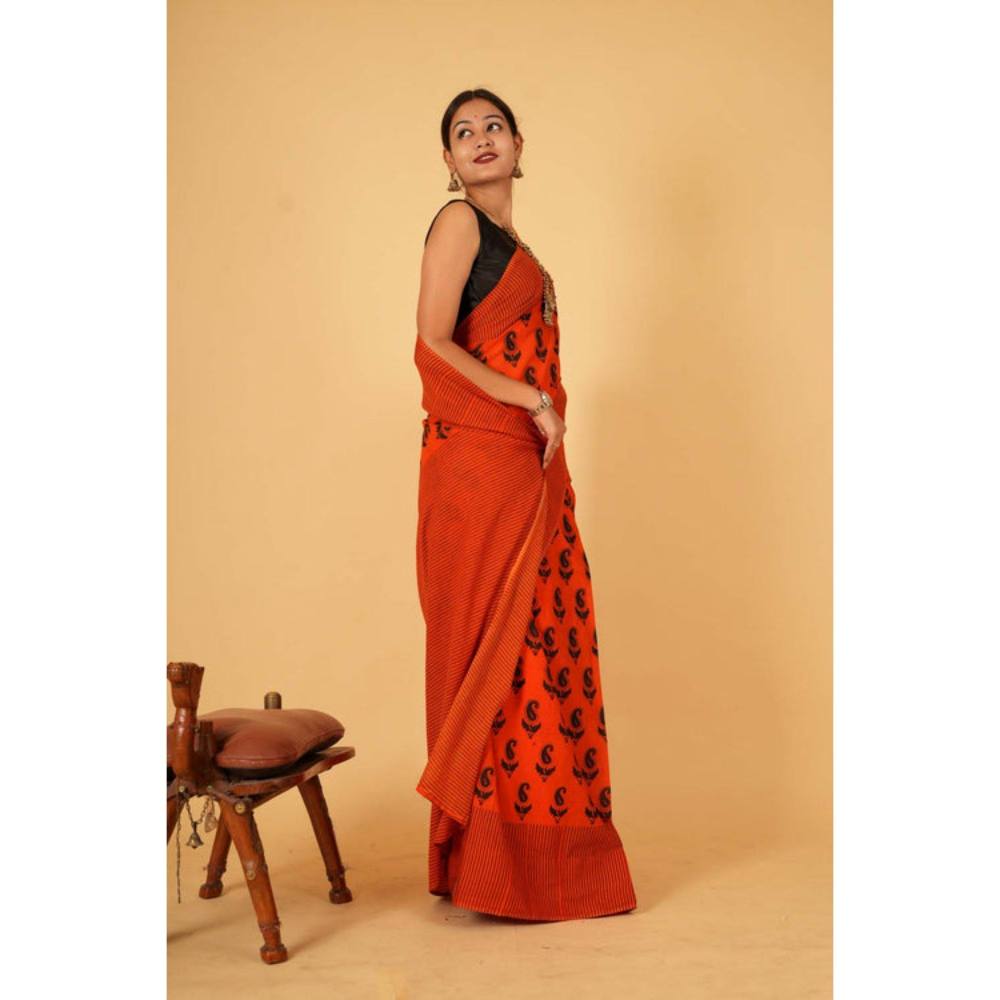Isadora Life Womens Paisley Printed Orange Pre-Draped Saree with Unstitched Blouse