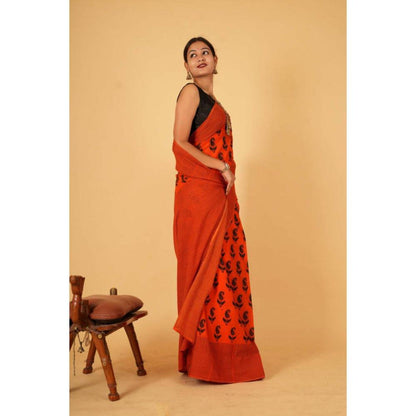 Isadora Life Womens Paisley Printed Orange Pre-Draped Saree with Unstitched Blouse