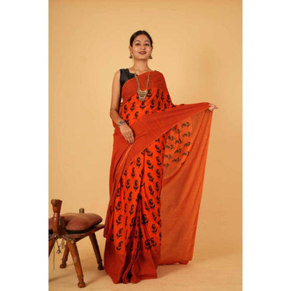 Isadora Life Womens Paisley Printed Orange Pre-Draped Saree with Unstitched Blouse